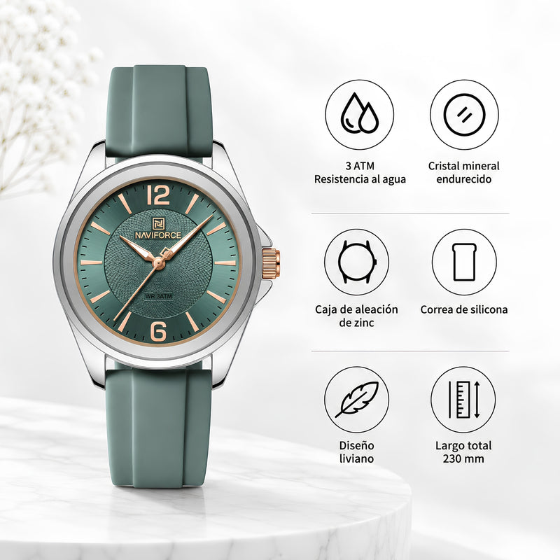 Naviforce Reloj Analógico Verde con Detalles Plateados y Correa de Silicona, Diámetro de 36 mm, Cristal Mineral Endurecido y Resistencia al Agua 3 ATM.