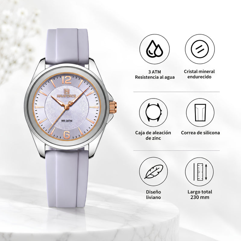 Naviforce Reloj Analógico Morado con Detalles Plateados y Correa de Silicona, Diámetro de 36 mm, Cristal Mineral Endurecido y Resistencia al Agua 3 ATM.