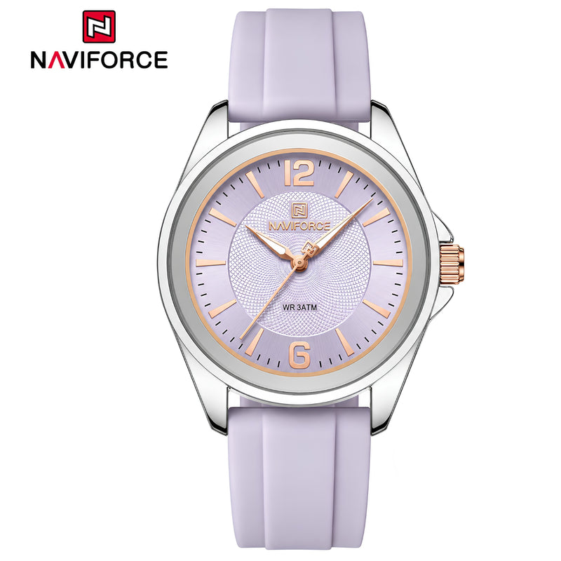Naviforce Reloj Analógico Morado con Detalles Plateados y Correa de Silicona, Diámetro de 36 mm, Cristal Mineral Endurecido y Resistencia al Agua 3 ATM.