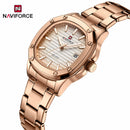 "Naviforce Reloj Analógico Rose Gold con Correa de Acero Inoxidable, Diámetro de 34 mm, Cristal Mineral Endurecido, Calendario y Resistencia al Agua 3 ATM."