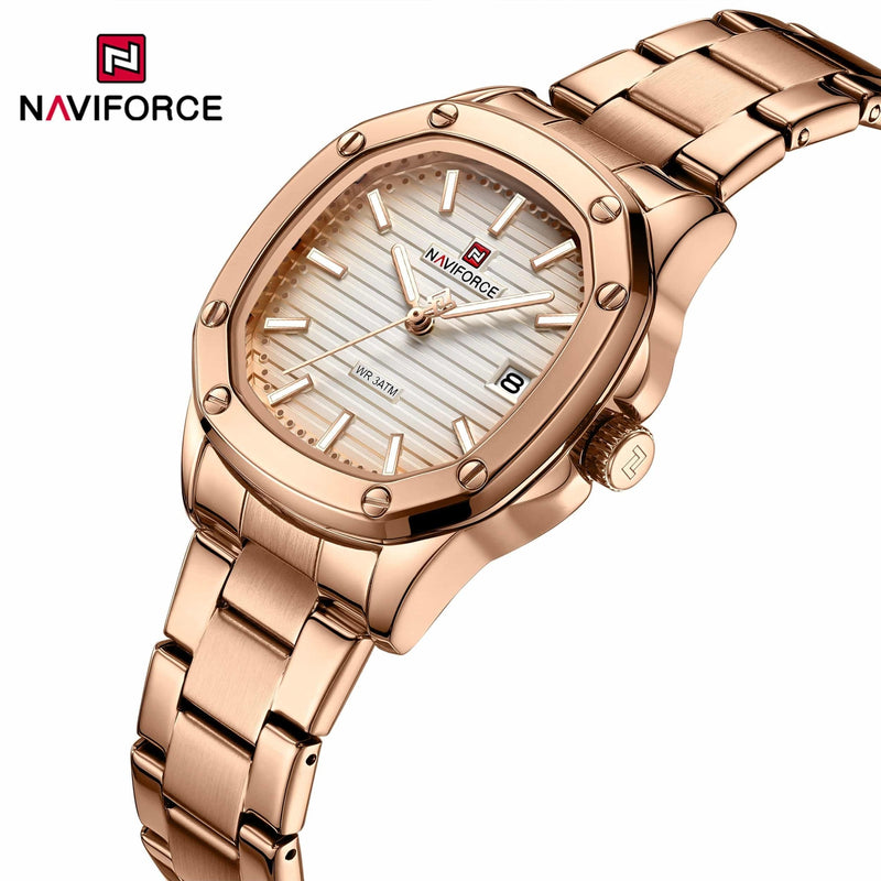 "Naviforce Reloj Analógico Rose Gold con Correa de Acero Inoxidable, Diámetro de 34 mm, Cristal Mineral Endurecido, Calendario y Resistencia al Agua 3 ATM."