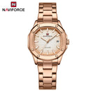 "Naviforce Reloj Analógico Rose Gold con Correa de Acero Inoxidable, Diámetro de 34 mm, Cristal Mineral Endurecido, Calendario y Resistencia al Agua 3 ATM."