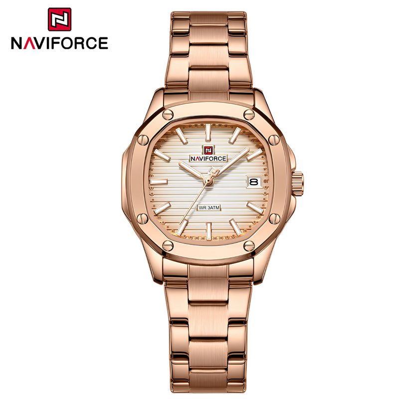 "Naviforce Reloj Analógico Rose Gold con Correa de Acero Inoxidable, Diámetro de 34 mm, Cristal Mineral Endurecido, Calendario y Resistencia al Agua 3 ATM."