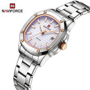 Naviforce Reloj Analógico Plateado con Esfera Morada y Correa de Acero Inoxidable, Diámetro de 34 mm, Cristal Mineral Endurecido, Calendario y Resistencia al Agua 3 ATM.