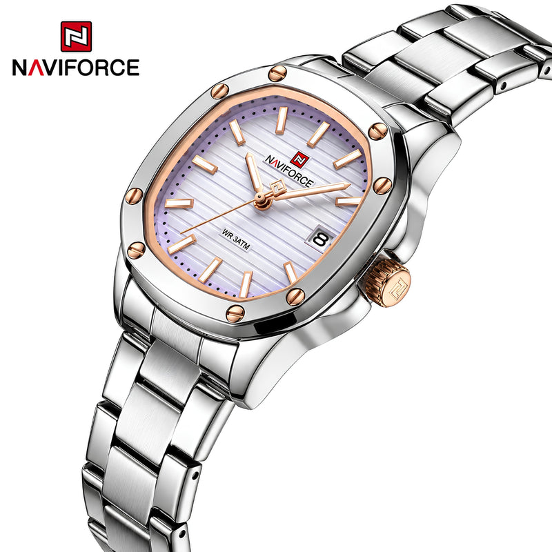Naviforce Reloj Analógico Plateado con Esfera Morada y Correa de Acero Inoxidable, Diámetro de 34 mm, Cristal Mineral Endurecido, Calendario y Resistencia al Agua 3 ATM.
