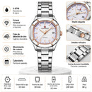 Naviforce Reloj Analógico Plateado con Esfera Morada y Correa de Acero Inoxidable, Diámetro de 34 mm, Cristal Mineral Endurecido, Calendario y Resistencia al Agua 3 ATM.