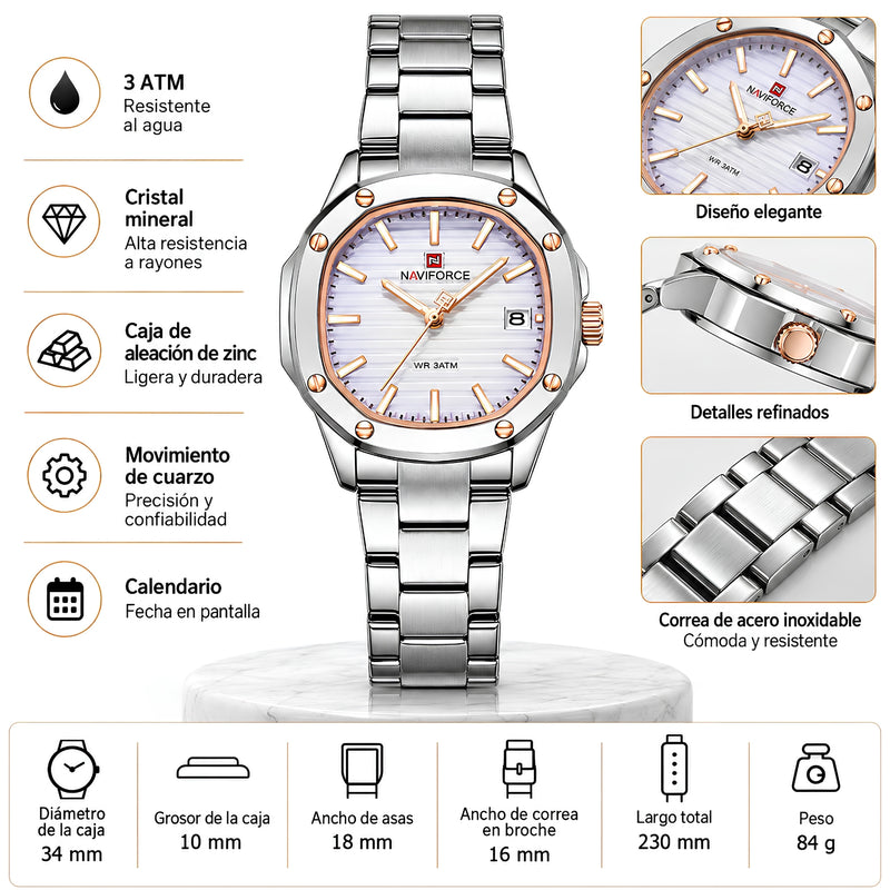 Naviforce Reloj Analógico Plateado con Esfera Morada y Correa de Acero Inoxidable, Diámetro de 34 mm, Cristal Mineral Endurecido, Calendario y Resistencia al Agua 3 ATM.