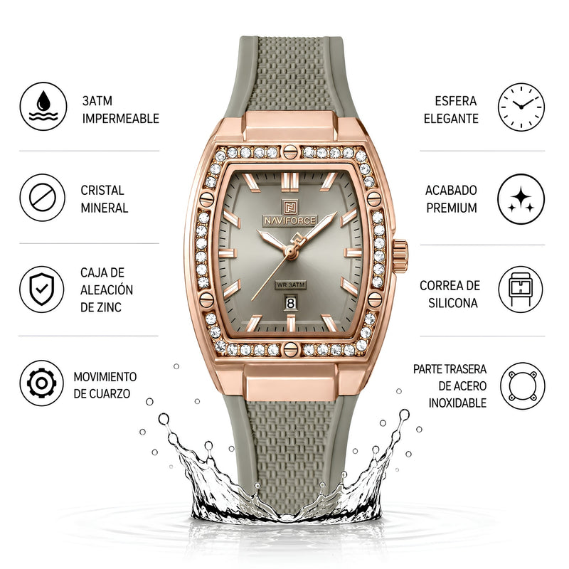 Naviforce Reloj Analógico Rose Gold con Correa Gris de Silicona, Diámetro de 32 mm, Calendario y Resistencia al Agua 3 ATM.