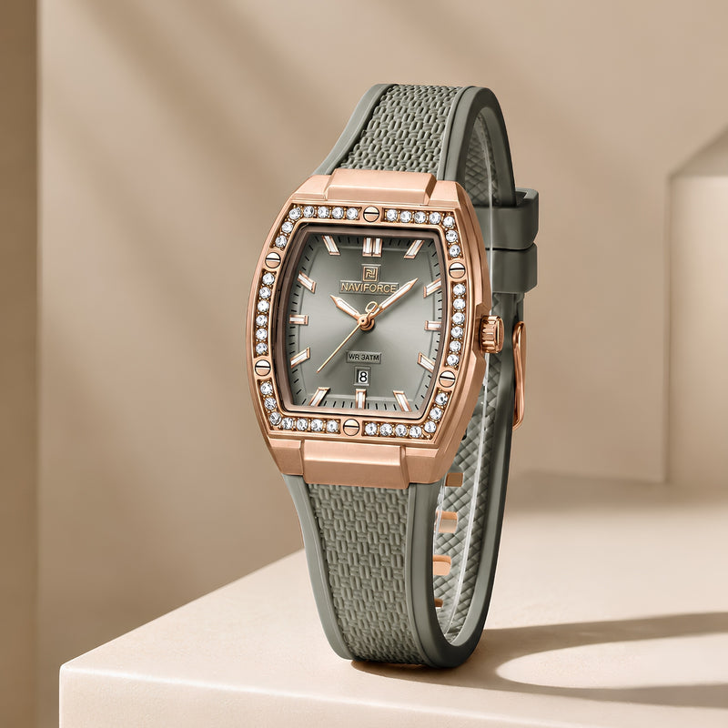 Naviforce Reloj Analógico Rose Gold con Correa Gris de Silicona, Diámetro de 32 mm, Calendario y Resistencia al Agua 3 ATM.