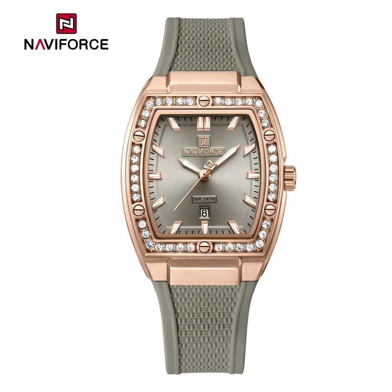 Naviforce Reloj Analógico Rose Gold con Correa Gris de Silicona, Diámetro de 32 mm, Calendario y Resistencia al Agua 3 ATM.