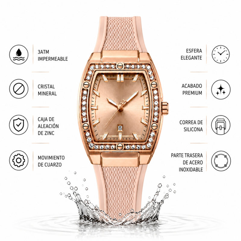 Naviforce Reloj Analógico Rose Gold con Correa Beige de Silicona, Diámetro de 32 mm, Calendario y Resistencia al Agua 3 ATM.