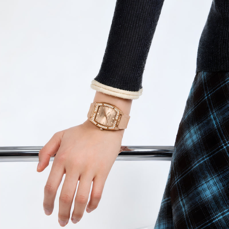 Naviforce Reloj Analógico Rose Gold con Correa Beige de Silicona, Diámetro de 32 mm, Calendario y Resistencia al Agua 3 ATM.
