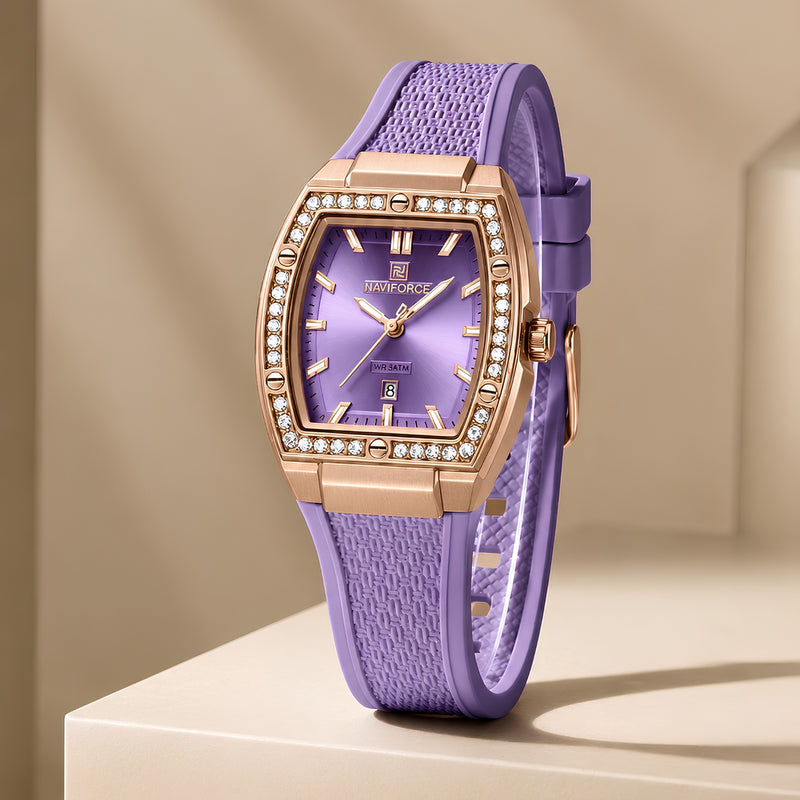 Naviforce Reloj Analógico Rose Gold con Correa Morada de Silicona, Diámetro de 32 mm, Calendario y Resistencia al Agua 3 ATM.