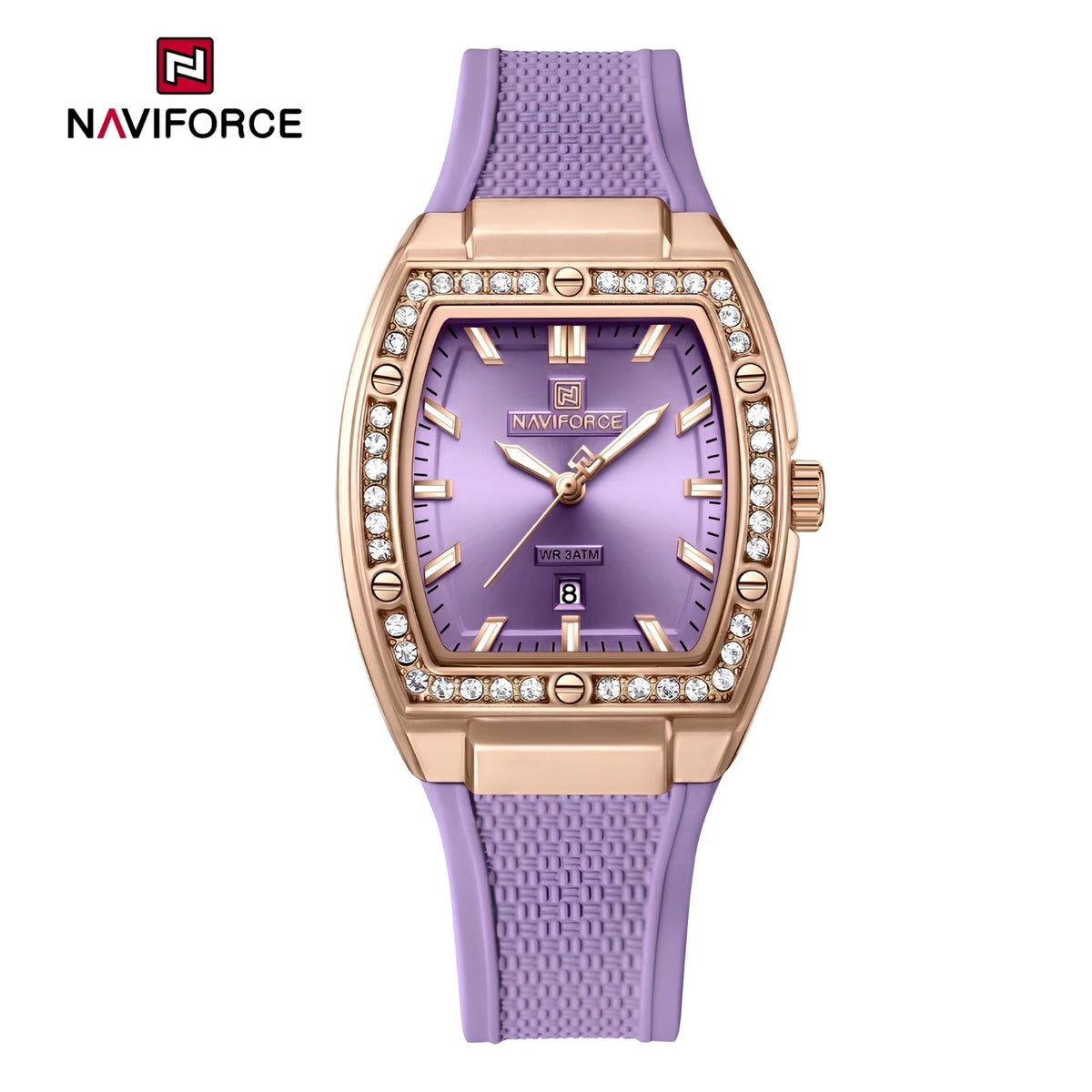 Naviforce Reloj Analógico Rose Gold con Correa Morada de Silicona, Diámetro de 32 mm, Calendario y Resistencia al Agua 3 ATM.