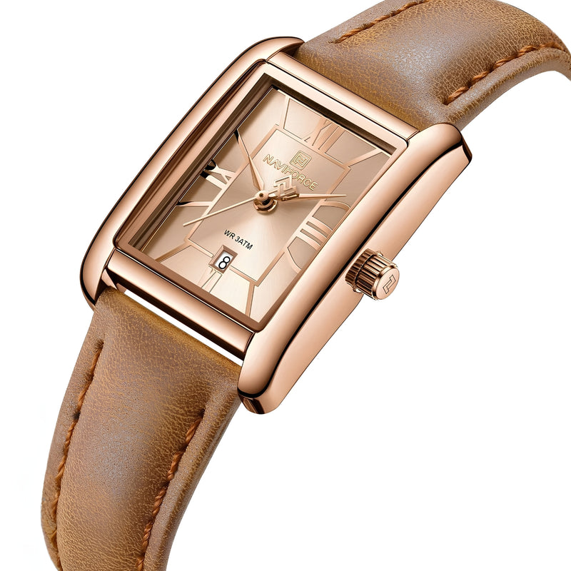 Naviforce Reloj Analógico Rose Gold con Correa Marrón, Diámetro de 25 mm, Cristal Mineral Endurecido, Calendario y Resistencia al Agua 3 ATM.