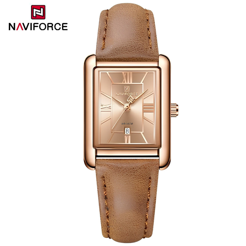 Naviforce Reloj Analógico Rose Gold con Correa Marrón, Diámetro de 25 mm, Cristal Mineral Endurecido, Calendario y Resistencia al Agua 3 ATM.