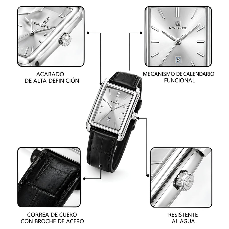 Naviforce Reloj Analógico Plateado con Correa Negra, Diámetro de 25 mm, Cristal Mineral Endurecido, Calendario y Resistencia al Agua 3 ATM.
