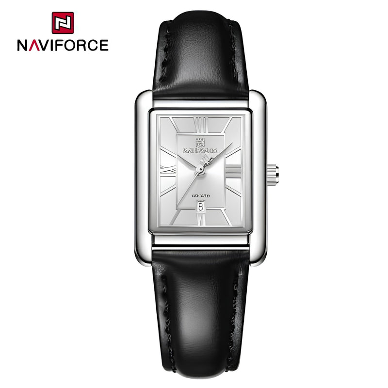 Naviforce Reloj Analógico Plateado con Correa Negra, Diámetro de 25 mm, Cristal Mineral Endurecido, Calendario y Resistencia al Agua 3 ATM.