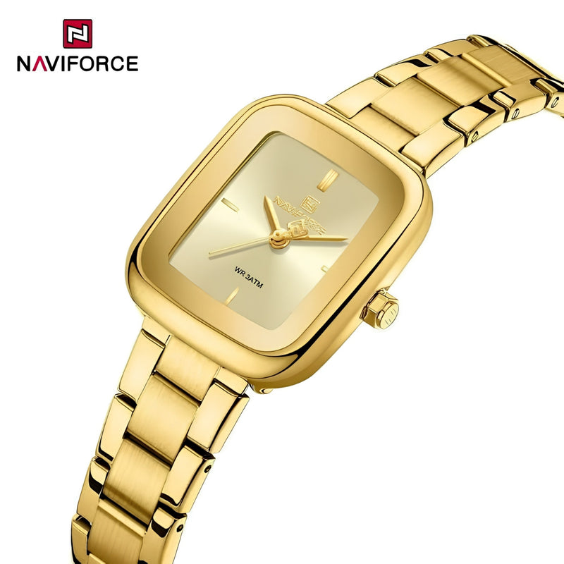 Naviforce Reloj Analógico Dorado con Correa de Acero Inoxidable, Diámetro de 26 mm, Cristal Mineral Endurecido y Resistencia al Agua 3 ATM.