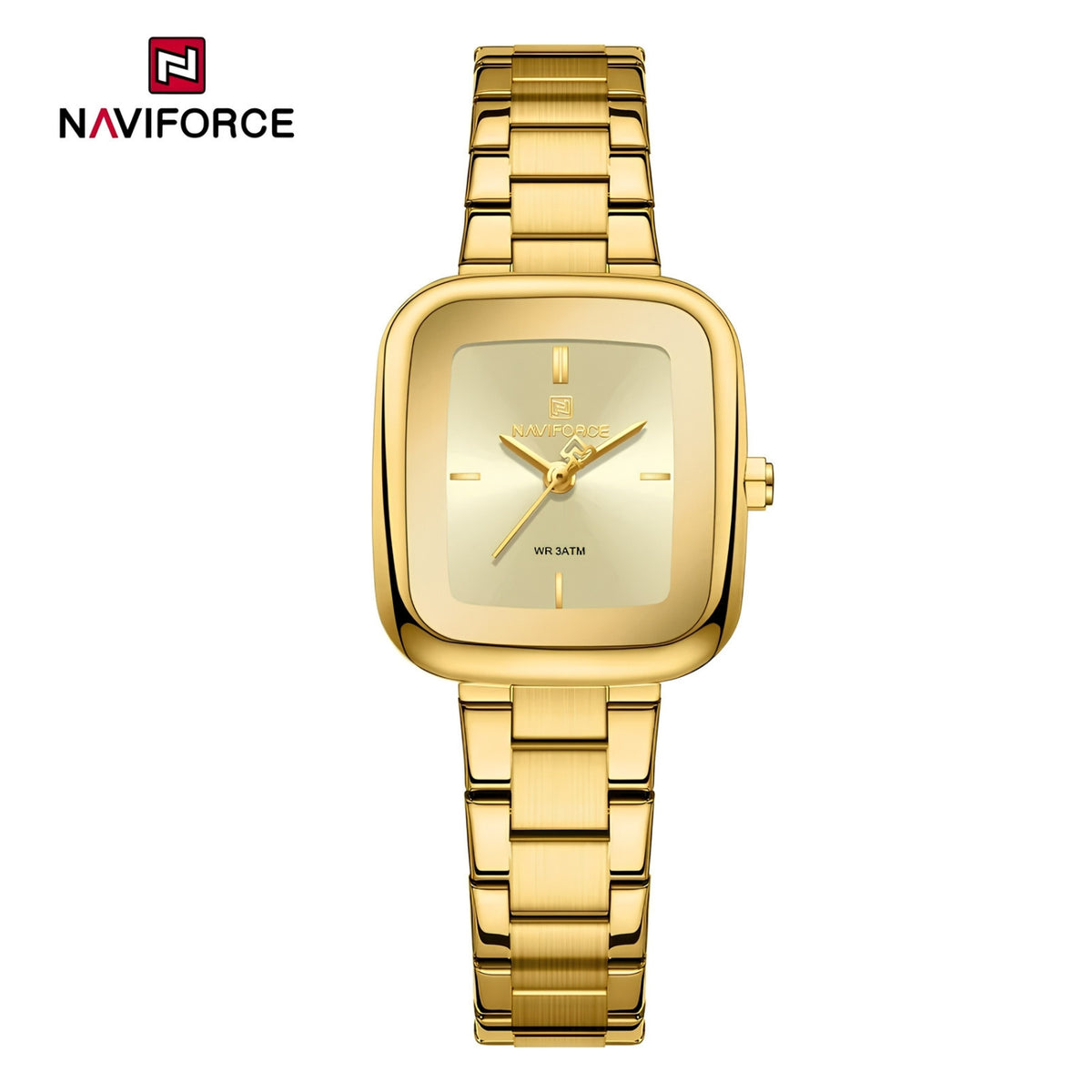Naviforce Reloj Analógico Dorado con Correa de Acero Inoxidable, Diámetro de 26 mm, Cristal Mineral Endurecido y Resistencia al Agua 3 ATM.