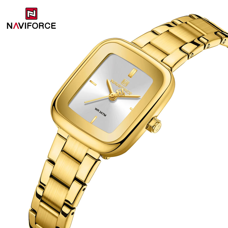 Naviforce Reloj Analógico Dorado con Esfera Blanca y Correa de Acero Inoxidable, Diámetro de 26 mm, Cristal Mineral Endurecido y Resistencia al Agua 3 ATM.