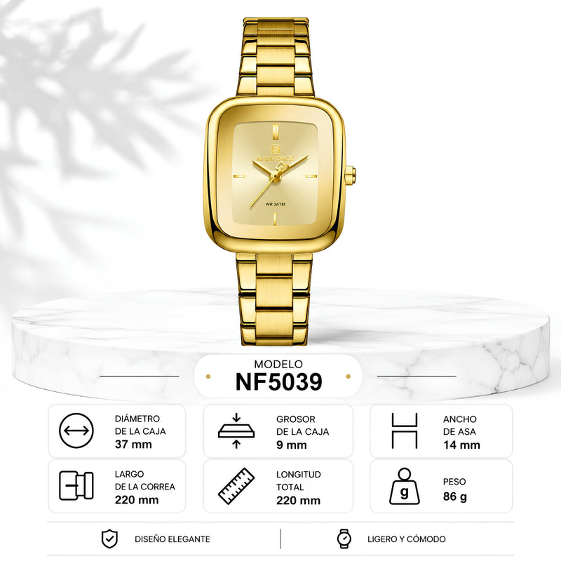 Naviforce Reloj Analógico Dorado con Esfera Blanca y Correa de Acero Inoxidable, Diámetro de 26 mm, Cristal Mineral Endurecido y Resistencia al Agua 3 ATM.