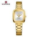 Naviforce Reloj Analógico Dorado con Esfera Blanca y Correa de Acero Inoxidable, Diámetro de 26 mm, Cristal Mineral Endurecido y Resistencia al Agua 3 ATM.