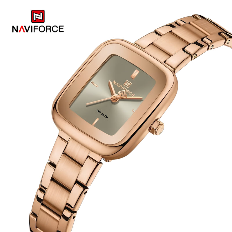 Naviforce Reloj Analógico Rose Gold con Esfera Gris y Correa de Acero Inoxidable, Diámetro de 26 mm, Cristal Mineral Endurecido y Resistencia al Agua 3 ATM.