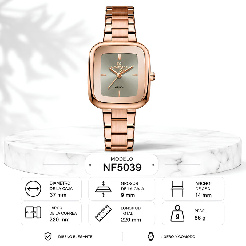 Naviforce Reloj Analógico Rose Gold con Esfera Gris y Correa de Acero Inoxidable, Diámetro de 26 mm, Cristal Mineral Endurecido y Resistencia al Agua 3 ATM.