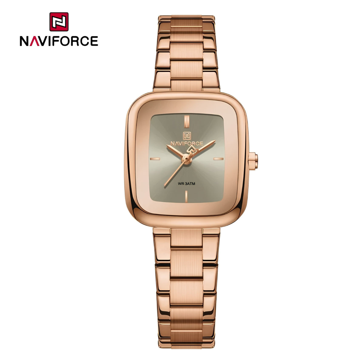 Naviforce Reloj Analógico Rose Gold con Esfera Gris y Correa de Acero Inoxidable, Diámetro de 26 mm, Cristal Mineral Endurecido y Resistencia al Agua 3 ATM.