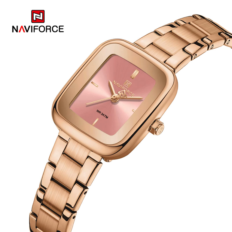 "Naviforce Reloj Analógico Rose Gold con Esfera Rosada y Correa de Acero Inoxidable, Diámetro de 26 mm, Cristal Mineral Endurecido y Resistencia al Agua 3 ATM."