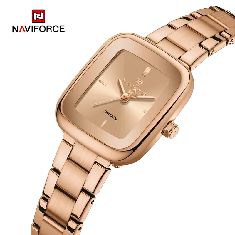 "Naviforce Reloj Analógico Rose Gold con Correa de Acero Inoxidable, Diámetro de 26 mm, Cristal Mineral Endurecido y Resistencia al Agua 3 ATM. "