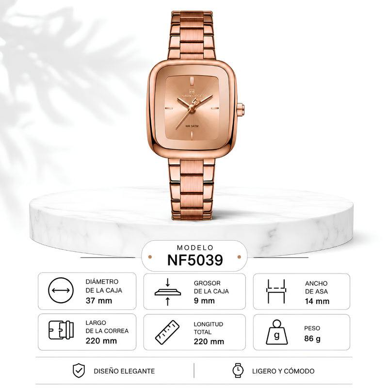 "Naviforce Reloj Analógico Rose Gold con Correa de Acero Inoxidable, Diámetro de 26 mm, Cristal Mineral Endurecido y Resistencia al Agua 3 ATM. "