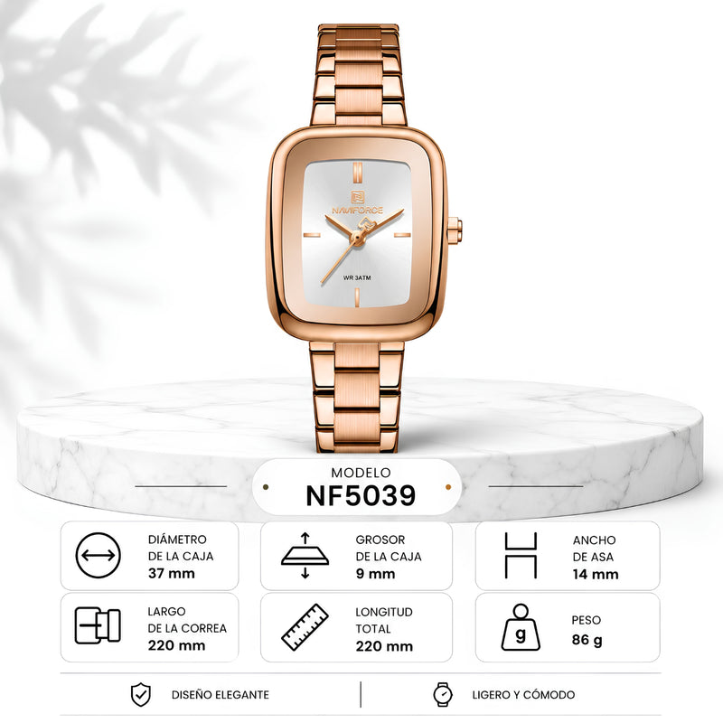 "Naviforce Reloj Analógico Rose Gold con Esfera Blanca y Correa de Acero Inoxidable, Diámetro de 26 mm, Cristal Mineral Endurecido y Resistencia al Agua 3 ATM."