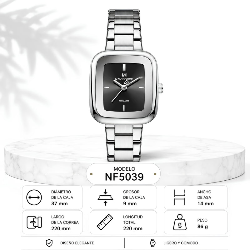 Naviforce Reloj Analógico Plateado con Esfera Negra y Correa de Acero Inoxidable, Diámetro de 26 mm, Cristal Mineral Endurecido y Resistencia al Agua 3 ATM.
