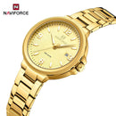 Naviforce Reloj Analógico Dorado con Correa de Acero Inoxidable, Diámetro de 34 mm, Cristal Mineral Endurecido, Calendario y Resistencia al Agua 3 ATM.
