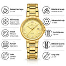 Naviforce Reloj Analógico Dorado con Correa de Acero Inoxidable, Diámetro de 34 mm, Cristal Mineral Endurecido, Calendario y Resistencia al Agua 3 ATM.
