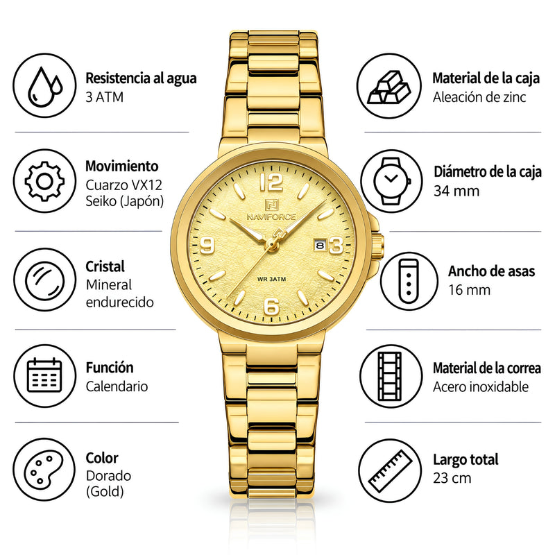 Naviforce Reloj Analógico Dorado con Correa de Acero Inoxidable, Diámetro de 34 mm, Cristal Mineral Endurecido, Calendario y Resistencia al Agua 3 ATM.