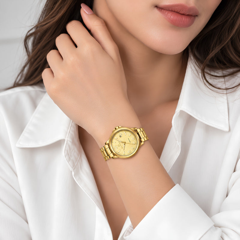 Naviforce Reloj Analógico Dorado con Correa de Acero Inoxidable, Diámetro de 34 mm, Cristal Mineral Endurecido, Calendario y Resistencia al Agua 3 ATM.