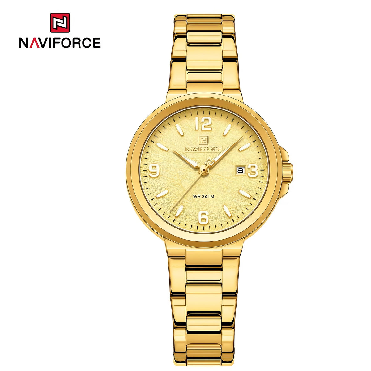 Naviforce Reloj Analógico Dorado con Correa de Acero Inoxidable, Diámetro de 34 mm, Cristal Mineral Endurecido, Calendario y Resistencia al Agua 3 ATM.
