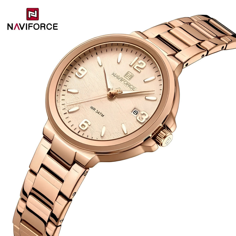 "Naviforce Reloj Analógico Rose Gold con Correa de Acero Inoxidable, Diámetro de 34 mm, Cristal Mineral Endurecido, Calendario y Resistencia al Agua 3 ATM."