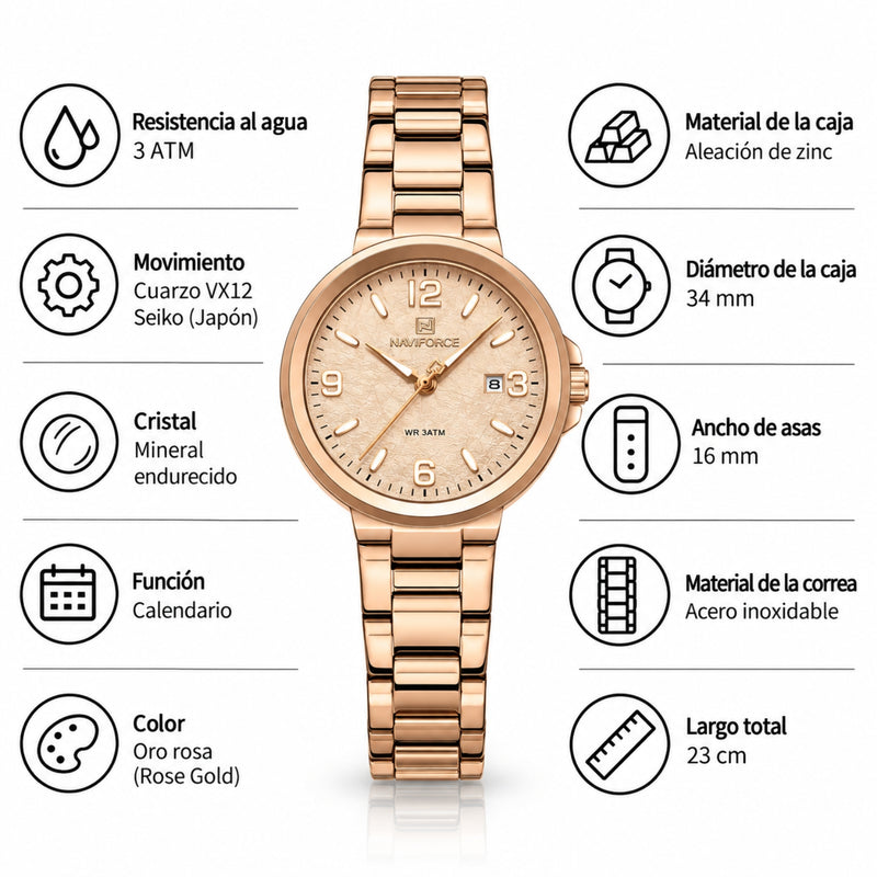 "Naviforce Reloj Analógico Rose Gold con Correa de Acero Inoxidable, Diámetro de 34 mm, Cristal Mineral Endurecido, Calendario y Resistencia al Agua 3 ATM."
