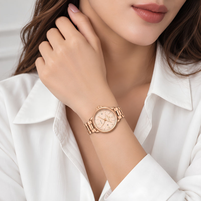 "Naviforce Reloj Analógico Rose Gold con Correa de Acero Inoxidable, Diámetro de 34 mm, Cristal Mineral Endurecido, Calendario y Resistencia al Agua 3 ATM."