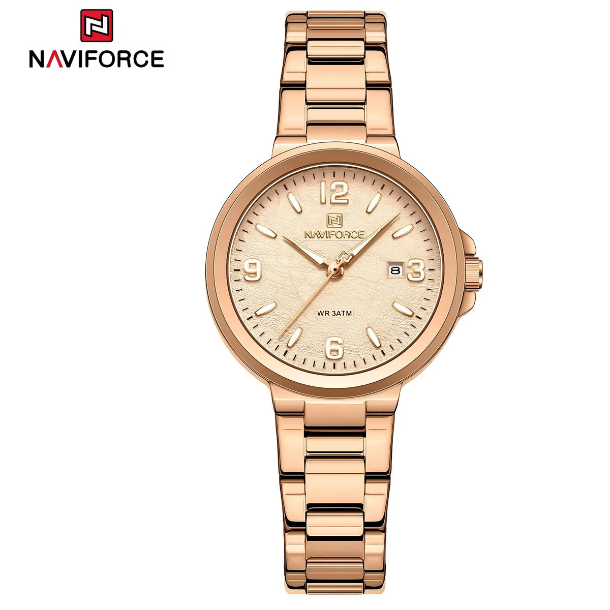 "Naviforce Reloj Analógico Rose Gold con Correa de Acero Inoxidable, Diámetro de 34 mm, Cristal Mineral Endurecido, Calendario y Resistencia al Agua 3 ATM."