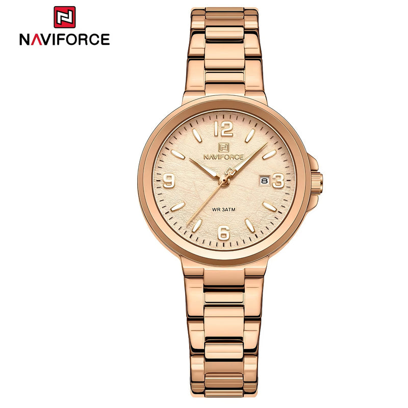 "Naviforce Reloj Analógico Rose Gold con Correa de Acero Inoxidable, Diámetro de 34 mm, Cristal Mineral Endurecido, Calendario y Resistencia al Agua 3 ATM."