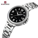 Naviforce Reloj Analógico Plateado con Esfera Negra y Correa de Acero Inoxidable, Diámetro de 34 mm, Cristal Mineral Endurecido, Calendario y Resistencia al Agua 3 ATM.