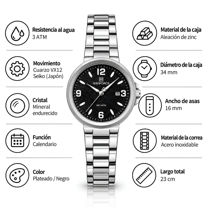 Naviforce Reloj Analógico Plateado con Esfera Negra y Correa de Acero Inoxidable, Diámetro de 34 mm, Cristal Mineral Endurecido, Calendario y Resistencia al Agua 3 ATM.