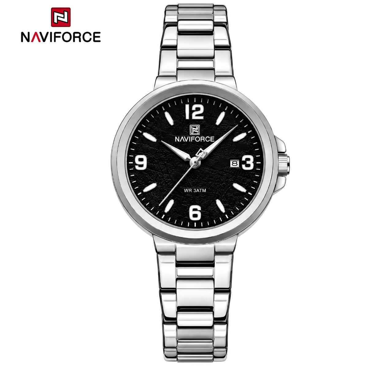 Naviforce Reloj Analógico Plateado con Esfera Negra y Correa de Acero Inoxidable, Diámetro de 34 mm, Cristal Mineral Endurecido, Calendario y Resistencia al Agua 3 ATM.