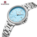 Naviforce Reloj Analógico Plateado con Esfera Azul y Correa de Acero Inoxidable, Diámetro de 34 mm, Cristal Mineral Endurecido, Calendario y Resistencia al Agua 3 ATM.