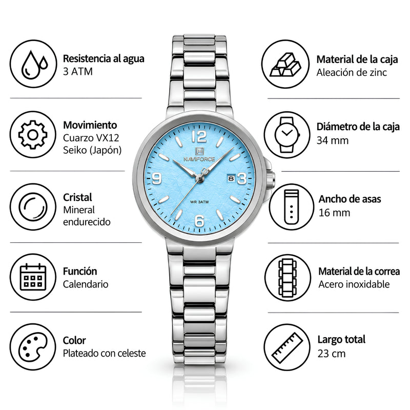 Naviforce Reloj Analógico Plateado con Esfera Azul y Correa de Acero Inoxidable, Diámetro de 34 mm, Cristal Mineral Endurecido, Calendario y Resistencia al Agua 3 ATM.